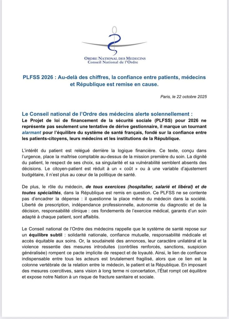 PLFSS 2026 - Communiqué ordre des médecins 1