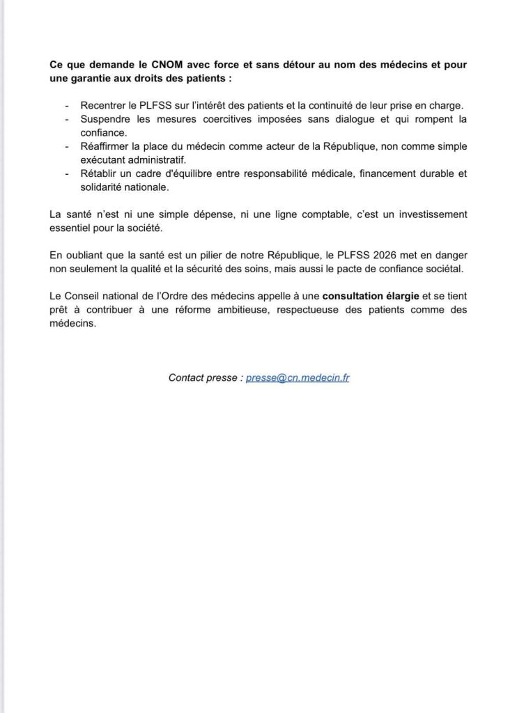 PLFSS 2026 - Communiqué ordre des médecins 2